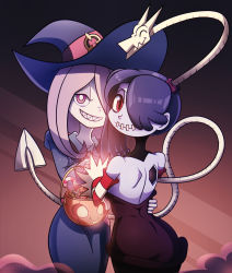 Rule 34 | 2girls, blue skin, candy, colored skin, crossover, food, hair over one eye, hat, highres, little witch academia, multiple girls, skullgirls, squigly (skullgirls), sucy manbavaran, teeth, witch, witch hat, zombie