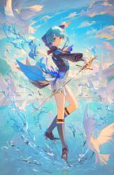 Rule 34 | 1boy, absurdres, androgynous, arm up, ayanon ite, bird, black jacket, blue hair, blue shirt, blue sky, blue socks, brown eyes, closed mouth, cloud, day, flock, from side, genshin impact, hand up, high collar, high heels, highres, holding, holding sword, holding weapon, jacket, long sleeves, looking to the side, male focus, official alternate costume, outdoors, scenery, shirt, short hair, shorts, sideways glance, sky, sleeves past wrists, smile, socks, solo, splashing, standing, standing on liquid, sword, water, weapon, white bird, white shorts, xingqiu (bamboo rain) (genshin impact), xingqiu (genshin impact)