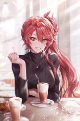 Rule 34 | 1girl, cafe, coffee, commission, drink, eiyuu densetsu, elbow on table, english text, heart, highres, jewelry, light rays, long hair, looking at viewer, necklace, ponytail, red hair, sara valestein, sen no kiseki, sitting, smile, solo, sweater, yellow eyes, yuli (yulipo)