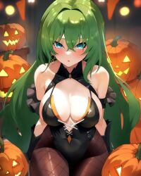 1girl :o absurdres alternate_costume bare_shoulders black_gloves black_leotard black_pantyhose breasts cleavage clothing_cutout commentary cream_bread earrings gloves green_eyes green_hair highres honkai_(series) honkai_impact_3rd jewelry large_breasts leotard long_hair looking_at_viewer mobius_(honkai_impact) navel navel_cutout ouroboros pantyhose pumpkin slit_pupils solo very_long_hair