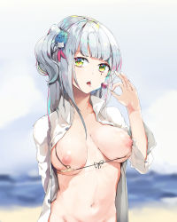 Rule 34 | 1girl, absurdres, alternate hairstyle, arm behind back, bikini, bikini pull, blue flower, blunt bangs, blurry, blurry background, breasts, candy, clothes pull, collarbone, day, depth of field, facial mark, flower, food, girls&#039; frontline, green eyes, hair flower, hair ornament, highres, hk416 (girls&#039; frontline), holding, holding food, large breasts, lollipop, long hair, long sleeves, longzi (lez), micro bikini, navel, nipple slip, nipples, one side up, open clothes, open mouth, open shirt, outdoors, saliva, saliva trail, shirt, silver hair, sky, solo, stomach, swimsuit, tongue, tongue out, upper body, very long hair, white bikini, white shirt