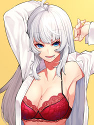 Rule 34 | 1girl, arm above head, armpits, blue eyes, bra, breasts, cleavage, collarbone, commentary request, highres, large breasts, long hair, looking at viewer, mikan (chipstar182), mole, mole on breast, mole under mouth, open clothes, open shirt, original, red bra, shirt, simple background, solo, underwear, white hair, white shirt, yellow background