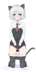Rule 34 | 1girl, animal ears, bad id, bad pixiv id, bed sheet, black necktie, black pantyhose, black skirt, blush, bow, bow panties, cat ears, cat tail, closed mouth, clothes lift, clothes pull, commentary, crotch seam, frown, full body, gluteal fold, green eyes, highres, kneeling, lifting own clothes, long sleeves, looking at viewer, military, military uniform, miniskirt, necktie, on bed, panties, panty pull, pantyhose, pantyhose pull, pleated skirt, print necktie, print neckwear, sanya v. litvyak, shirt, short hair, side-tie panties, silver hair, skirt, skirt lift, solo, strike witches, tail, underwear, uniform, white background, white shirt, world witches series, yoi naosuke