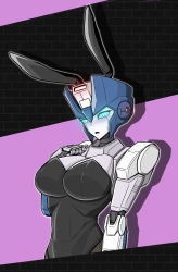 Rule 34 | 1girl, absurdres, alien, animal ears, autobot, blue eyes, blush, breasts, chromia, clothed robot, gonzo, gonzo mk06, highres, humanoid robot, large breasts, leotard, playboy bunny, rabbit ears, robot, solo, transformers