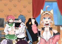 Rule 34 | 5girls, absurdres, belly, blue eyes, blue hair, breasts, chair, commission, curtains, fangs, fuyo cloverfield, green eyes, hair ornament, hair ribbon, hairclip, highres, hood, hoodie, idol corp, indoors, jaqui, juna unagi, looking at another, looking at viewer, medium breasts, monitor, multiple girls, navel, open mouth, pink hair, pochi wanmaru, pointy ears, red eyes, ribbon, rin penrose, room, shirt, skirt, small breasts, teeth, virtual youtuber, wall, window, yuko yurei