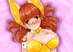 Rule 34 | 1girl, animal ears, bed, blunt bangs, blush, bow, bowtie, breasts, closed mouth, commentary request, detached collar, fake animal ears, from above, girls und panzer, highres, large breasts, leotard, long hair, looking at viewer, lying, nanashi noiji, orange eyes, orange hair, partial commentary, playboy bunny, rabbit ears, solo, strapless, strapless leotard, takebe saori, wrist cuffs, yellow bow, yellow bowtie, yellow leotard