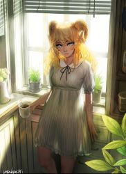 Rule 34 | 1girl, blonde hair, blue eyes, blush, coffee, curled horns, dress, highres, horns, indoors, long hair, looking at viewer, original, plant, see-through silhouette, sheep girl, sheep horns, solo, striped clothes, striped dress, underbust, usukuti, vertical-striped clothes, vertical-striped dress, window, window blinds