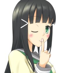 Rule 34 | 1girl, ;), aqua eyes, artist name, artist request, black hair, blunt bangs, blush, breasts, buttons, close-up, collarbone, female focus, finger to mouth, green eyes, green neckerchief, green necktie, grey sailor collar, grey skirt, hair ornament, hairclip, highres, kurosawa dia, long hair, long sleeves, looking at viewer, love live!, love live! sunshine!!, medium breasts, mole, mole under mouth, neckerchief, necktie, one eye closed, parted lips, sailor collar, school uniform, skirt, smile, solo, sweater, tie clip, upper body, uranohoshi school uniform, white background, wink, yellow sweater