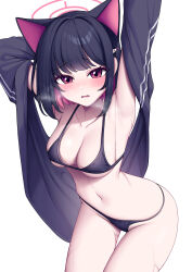 Rule 34 | 1girl, absurdres, animal ears, armpits, arms up, bikini, black bikini, black hair, black jacket, blue archive, blush, breasts, breath, cat ears, cleavage, collarbone, colored inner hair, extra ears, groin, halo, halterneck, highres, jacket, kazusa (blue archive), looking at viewer, medium breasts, metaljelly, multicolored hair, navel, open clothes, open jacket, pink eyes, pink hair, short hair, simple background, solo, string bikini, sweatdrop, swimsuit, two-tone hair, white background
