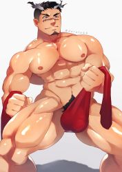 Rule 34 | 1boy, abs, bad id, bad twitter id, bara, bulge, covered penis, facial hair, feet out of frame, fiery horns, forked eyebrows, goatee, hidora art, highres, horns, large pectorals, loincloth, loincloth lift, male focus, male pubic hair, mature male, muscular, muscular male, navel, navel hair, nipples, pectorals, pointy ears, pubic hair, scar, scar on face, scar on nose, short hair, sideburns, smile, solo, stomach, thick thighs, thighs, tokyo houkago summoners, topless male, undercut, yoritomo (housamo)