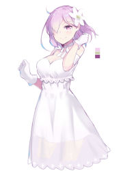Rule 34 | 1girl, absurdres, aosora kamiya, bare shoulders, breasts, bright pupils, choker, cleavage, closed mouth, cropped legs, dress, fate/grand order, fate (series), flower, gloves, hair flower, hair ornament, hair over one eye, highres, light purple hair, looking at viewer, mash kyrielight, mash kyrielight (formal dress), official alternate costume, purple eyes, ribbon choker, see-through, short hair, simple background, sleeveless, sleeveless dress, smile, solo, standing, wedding dress, white background, white choker, white dress, white gloves