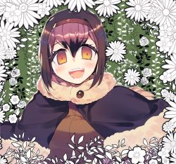 Rule 34 | 1girl, :d, bird tail, blush, brown hair, brown sweater, commentary request, dodo (kemono friends), empty eyes, flower, fur collar, fur trim, green background, hair between eyes, hairband, kemono friends, multicolored hair, open mouth, pink hair, plant, poncho, short hair, smile, solo, sweater, tail, twintail kyun (lian), upper body, yellow eyes
