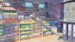 Rule 34 | absurdres, alcohol, box, can, cash register, cigarette pack, coffee maker, commentary, convenience store, dessert, english commentary, english text, food, freezer, highres, microwave, no humans, original, package, qr code, scenery, shade, shelf, shop, sunlight, vending machine, xiaoke