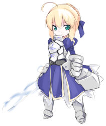 Rule 34 | 1girl, ahoge, armor, armored boots, armored dress, artoria pendragon (fate), blonde hair, boots, chibi, fate/stay night, fate (series), full body, gauntlets, green eyes, hair ribbon, invisible air (fate), juliet sleeves, karukan (monjya), long sleeves, looking at viewer, puffy sleeves, ribbon, saber (fate), simple background, solo, standing, white background