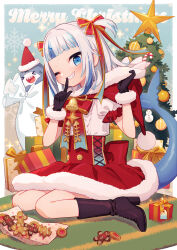 1girl black_footwear bloop_(gawr_gura) blue_hair blush boots christmas_present christmas_tree closed_mouth dress finger_to_mouth fins fish_tail fur-trimmed_dress fur-trimmed_gloves fur_trim gawr_gura gift gloves grey_hair high_heel_boots high_heels highres hololive hololive_english looking_at_viewer medium_hair merry_christmas multicolored_hair one_eye_closed red_dress red_ribbon ribbon ribbon_hair santa_costume santa_dress shark_girl shark_tail smile solo streaked_hair tail two_side_up uchako virtual_youtuber