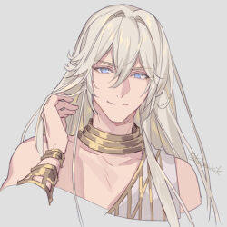 Rule 34 | 1boy, adjusting hair, ancient greek clothes, armlet, artist name, commentary request, floating hair, granblue fantasy, greco-roman clothes, grey background, hair between eyes, hair intakes, helel ben sahar (granblue fantasy), jewelry, long hair, looking at viewer, lucio (granblue fantasy), male focus, messy hair, neck ring, official alternate costume, portrait, pota (bluegutty), signature, simple background, smile, solo, twitter username