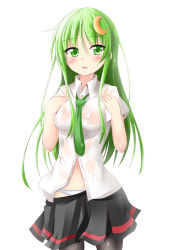 Rule 34 | 10s, 1girl, black pantyhose, black skirt, breasts, clothes pull, collared shirt, cowboy shot, crescent, crescent hair ornament, green eyes, green hair, green necktie, hair ornament, hands on own chest, ichimi, kantai collection, long hair, looking at viewer, matching hair/eyes, nagatsuki (kancolle), navel, necktie, no bra, panties, pantyhose, pleated skirt, see-through, shirt, short sleeves, sidelocks, simple background, skirt, skirt pull, small breasts, solo, stomach, underwear, very long hair, water, water drop, white background, white panties, white shirt, wing collar