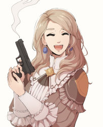 Rule 34 | 1girl, alternate hairstyle, blonde hair, closed eyes, earrings, finger on trigger, fire emblem, fire emblem: three houses, fire emblem warriors, fire emblem warriors: three hopes, frilled sleeves, frills, gun, handgun, highres, holding, holding weapon, jewelry, long hair, long sleeves, looking at viewer, meme, mercedes von martritz, nintendo, norue, official alternate costume, official alternate hairstyle, open mouth, parody, pistol, smile, solo, weapon