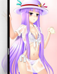 Rule 34 | 1girl, adapted costume, alternate headwear, aotori, bad id, bikini, breasts, cleavage, crescent, female focus, front-tie top, hat, highres, loincloth, long hair, navel, patchouli knowledge, purple eyes, purple hair, sarong, see-through, shirt, small breasts, solo, striped bikini, striped clothes, swimsuit, tied shirt, touhou, very long hair