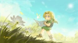 Rule 34 | 1boy, blonde hair, blue eyes, blue sky, boots, cloud, commentary, flower, grass, green shirt, green shorts, hat, highres, holding, holding paper, lens flare, link, male focus, navi, nintendo, paper, pointy ears, reading, shield, shield on back, shirt, shorts, sky, solo, sun, sword, the legend of zelda, the legend of zelda: ocarina of time, weapon, weapon on back, young link, yun (dl2n5c7kbh8ihcx)