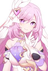 1girl bare_shoulders breasts clothing_cutout commentary_request corset detached_sleeves diamond-shaped_pupils diamond_(shape) elf elysia_(herrscher_of_human:_ego)_(honkai_impact) elysia_(honkai_impact) gloves hair_between_eyes highres honkai_(series) honkai_impact_3rd kinakonato large_breasts long_hair looking_at_viewer pink_hair pointing pointing_up pointy_ears purple_eyes short_sleeves side_cutout smile solo symbol-shaped_pupils triquetra upper_body very_long_hair white_background white_corset white_gloves white_veil