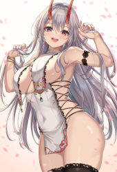 Rule 34 | 1girl, :d, absurdres, arm garter, armpits, arms up, bangle, bare arms, bare shoulders, bead bracelet, beads, black thighhighs, bracelet, breast curtains, breasts, cenangam, china dress, chinese clothes, cleavage, covered navel, cowboy shot, dress, earrings, fate/grand order, fate (series), gold trim, grey hair, highres, holding, holding hair, horns, jewelry, large breasts, long hair, looking at viewer, nail polish, no panties, oni horns, open mouth, pelvic curtain, purple eyes, purple nails, revealing clothes, short dress, sideless outfit, sleeveless, sleeveless dress, smile, solo, standing, thick thighs, thighhighs, thighs, tomoe gozen (fate), very long hair, white dress