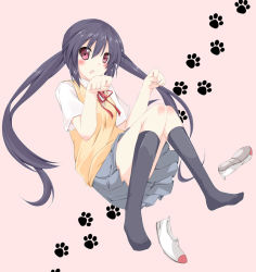 Rule 34 | 1girl, :o, black hair, black socks, blush, breasts, clenched hand, grey skirt, hands up, k-on!, kneehighs, long hair, looking at viewer, miniskirt, nakano azusa, open mouth, paw pose, paw print, pink background, pink eyes, pleated skirt, plus9, red ribbon, ribbon, school uniform, shirt, shoes, unworn shoes, short sleeves, skirt, socks, solo, sweater, sweater vest, twintails, uwabaki, very long hair, white footwear, white shirt