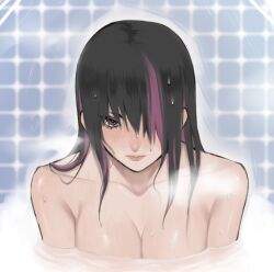 1girl bare_shoulders bathing black_hair breasts cleavage hair_over_one_eye han_juri icot834267 large_breasts long_hair multicolored_hair nude partially_submerged purple_eyes purple_hair solo street_fighter two-tone_hair upper_body