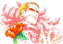 Rule 34 | 1boy, blonde hair, donquixote doflamingo, earrings, feather coat, feathers, flower, jewelry, leaf, male focus, mawari28, one piece, orange flower, own hands together, portrait, short hair, smile, solo, sunglasses, upper body, white background