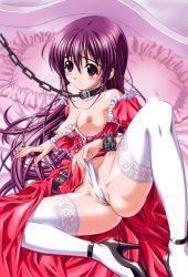 Rule 34 | 1girl, arm support, ass, bdsm, bed, blush, bondage, bound, breasts, chain, chain leash, chained, clothes pull, clothing aside, collar, cuffs, dress, dress aside, dress pull, fingernails, frilled pillow, frills, high heels, higuchi isami, lace, lace-trimmed legwear, lace trim, leash, legs, long fingernails, long hair, long legs, lying, medium breasts, nail, nipples, no bra, on side, panties, pillow, purple eyes, purple hair, pussy, shoes, slave, smile, solo, spread legs, sweat, thighhighs, thighs, uncensored, underwear, very long hair, viewer holding leash, wedgie, white panties, white thighhighs