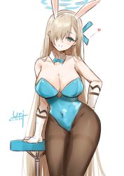 Rule 34 | 1girl, absurdres, animal ears, asuna (blue archive), asuna (bunny) (blue archive), bare shoulders, blue archive, blue eyes, blue leotard, blush, breasts, brown pantyhose, cleavage, detached collar, elbow gloves, fake animal ears, gloves, hair over one eye, halo, highleg, highleg leotard, highres, large breasts, leotard, light brown hair, long hair, looking at viewer, mole, mole on breast, pantyhose, playboy bunny, rabbit ears, revision, solo, stool, thighs, unique (pixiv12704744), very long hair, white gloves