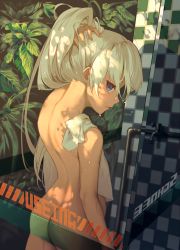 Rule 34 | 1girl, ass, blue eyes, cowboy shot, english text, engrish text, from behind, hair down, highres, long hair, nude, ranguage, rwby, shower (place), solo, wangxiii, weiss schnee, wet, white hair