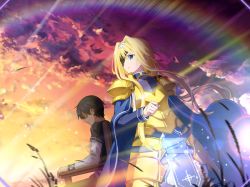 Rule 34 | 1boy, 1girl, alice zuberg, armor, armored dress, black hair, blonde hair, blue cape, blue eyes, bow, breastplate, cape, closed mouth, cloud, eyepatch, faulds, floating hair, game cg, gold armor, gradient sky, hair bow, hair intakes, hairband, kirito, long hair, outdoors, ponytail, profile, short hair, shoulder armor, sidelocks, sitting, sky, standing, sunlight, sword art online, sword art online: alicization, sword art online: alicization rising steel, sword art online: unleashed blading, very long hair, white bow, white hairband