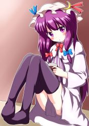 Rule 34 | 1girl, black thighhighs, book, content rating, crescent, female focus, full body, gradient background, hat, patchouli knowledge, purple eyes, purple hair, sitting, solo, thighhighs, touhou, yakumo nanahara