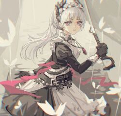 Rule 34 | 1girl, absurdres, apron, arknights, black dress, black gloves, collared dress, commentary request, dress, frilled apron, frills, gloves, grey eyes, grey hair, highres, holding, holding sword, holding weapon, irene (arknights), irene (voyage of feathers) (arknights), juliet sleeves, liangkuaiquqi91236, long hair, long sleeves, looking at viewer, ponytail, puffy sleeves, solo, sword, very long hair, weapon, white apron