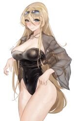 Rule 34 | absurdres, azur lane, bismarck (azur lane), bismarck zwei (azur lane), bismarck zwei (crystal-clear holiday) (azur lane), black one-piece swimsuit, blonde hair, blue eyes, blush, breasts, cleavage, closed mouth, covered navel, eyewear on head, groin, highleg, highleg swimsuit, highres, large breasts, long bangs, long hair, looking at viewer, official alternate costume, one-piece swimsuit, see-through, see-through shirt, see-through sleeves, signature, simple background, smile, strapless, strapless one-piece swimsuit, sunglasses, swimsuit, tierla, wet, white background