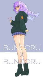 Rule 34 | 1girl, ankle boots, black footwear, black hoodie, blue skirt, blunt bangs, boots, casual, clenched hand, closed mouth, commentary, delicious party precure, emblem, from behind, frown, full body, grey background, hair tie, high heel boots, high heels, highres, hood, hood down, hoodie, jj (ssspulse), kasai amane, long hair, long sleeves, looking at viewer, looking back, low twintails, miniskirt, notice lines, pleated skirt, precure, purple eyes, simple background, skirt, solo, standing, twintails