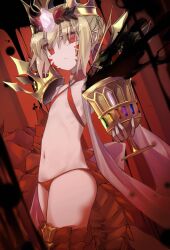 Rule 34 | 1girl, :/, armored legwear, bikini, blonde hair, braid, cowboy shot, criss-cross halter, crown, dragon tail, facial mark, fate/grand order, fate (series), flat chest, hair bun, halterneck, highres, holy grail (fate), looking at viewer, navel, nero claudius (fate), nero claudius (fate) (all), pointy ears, queen draco (fate), queen draco (second ascension) (fate), red background, red bikini, red eyes, scales, solo, swimsuit, tail, yubeshi (zecxl)