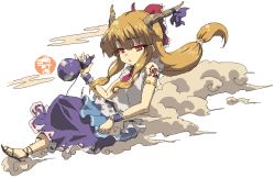Rule 34 | 1girl, alcohol, armlet, blonde hair, blunt bangs, bow, eyebrows, female focus, frilled bow, frills, full body, gourd, hair bow, hino hikaru, horn bow, horn ornament, horns, ibuki suika, long hair, looking at viewer, low-tied long hair, necktie, oekaki, red bow, red eyes, red necktie, ribbon-trimmed skirt, ribbon trim, rope, sake, sandals, sleeveless, smoke, solo, tassel, tattoo, touhou, wrist cuffs, yellow eyes