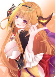 Rule 34 | 1girl, absurdres, ahoge, black bow, black hairband, black jacket, blonde hair, blouse, blunt bangs, blush, bow, bowtie, braid, breasts, brooch, cleavage, cleavage cutout, clothing cutout, collared shirt, diagonal-striped bow, dragon girl, dragon horns, dragon tail, fang, gem, gradient eyes, hair ornament, hairband, head tilt, highres, hip vent, hololive, horn bow, horn ornament, horns, huge filesize, index finger raised, jacket, jewelry, kiryu coco, kiryu coco (1st costume), large breasts, long hair, looking at viewer, looking back, md5 mismatch, miniskirt, moizumi shipon, multicolored eyes, multicolored hair, open mouth, orange hair, pleated skirt, pointy ears, purple eyes, red eyes, red skirt, resolution mismatch, scales, shirt, side-tie skirt, side braid, simple background, single braid, skin fang, skirt, smile, solo, source smaller, streaked hair, striped, tail, virtual youtuber, white bow, white shirt, wings