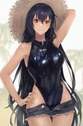Rule 34 | 1girl, arm behind head, armpits, bare arms, bare shoulders, black hair, black one-piece swimsuit, black shorts, blush, breasts, brown hat, clothes writing, cowboy shot, denim, denim shorts, hair between eyes, hand on own hip, hat, highres, kantai collection, kasumi (skchkko), large breasts, long hair, model pose, nagato (kancolle), one-piece swimsuit, open fly, red eyes, short shorts, shorts, smile, solo, straw hat, swimsuit, wet