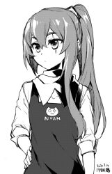 Rule 34 | 1girl, apron, commentary request, dated, expressionless, girls&#039; frontline, greyscale, hair between eyes, hand on own hip, long hair, looking away, monochrome, nyan, ponytail, scar, scar across eye, sleeves pushed up, solo, tsuki tokage, ump45 (girls&#039; frontline), upper body