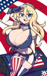Rule 34 | 1girl, american flag, asymmetrical legwear, bare shoulders, blonde hair, blue eyes, breasts, cleavage, collar, elbow gloves, fingerless gloves, flag background, gloves, hair between eyes, highres, huge breasts, iowa (kancolle), joeydrawss, kantai collection, long hair, looking at viewer, miniskirt, navel, open mouth, salute, sitting, skirt, smile, solo, striped clothes, striped thighhighs, teeth, thick thighs, thighhighs, thighs, tongue, uneven legwear, upper teeth only, wrist cuffs, zettai ryouiki