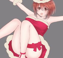 Rule 34 | 1girl, breasts, brown eyes, brown hair, christmas, commentary request, convenient censoring, dress, fang, floating, fur cuffs, grey background, hat, highres, itsumip, large breasts, leg ribbon, legs, looking at viewer, open mouth, original, outstretched arms, red dress, red ribbon, ribbon, santa costume, santa dress, santa hat, scrunchie, short dress, short hair, simple background, skin fang, smile, solo, spread arms, strapless, strapless dress, thigh ribbon, wrist scrunchie