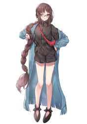 Rule 34 | 1girl, absurdres, bag, black dress, black footwear, blue coat, blush, breasts, brown hair, coat, contemporary, dress, earrings, fate/grand order, fate (series), fringe trim, glasses, hand on own hip, hane yuki, highres, jewelry, legs, long hair, long sleeves, looking at viewer, medium breasts, multiple earrings, one eye closed, open clothes, open coat, open mouth, parted lips, red eyes, ring, short dress, shoulder bag, simple background, solo, tachi-e, very long hair, white background, yu mei-ren (fate), yu mei-ren (first ascension) (fate)