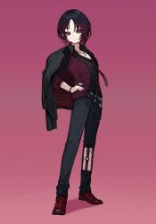 Rule 34 | 1girl, absurdres, belt, belt chain, black hair, black jacket, black shirt, black shorts, black wristband, breasts, cleavage, collarbone, detached pants, earrings, full body, gradient hair, hand on own hip, highres, iris black games, jacket, jacket on shoulders, jewelry, kisaragi ren (vtuber), looking at viewer, medium breasts, multicolored hair, necklace, necktie, open clothes, open jacket, oxfords, parted bangs, red eyes, red footwear, red hair, red nails, red necktie, red vest, ring, shirt, shoes, short hair, shorts, simple background, single earring, smile, solo, vest, virtual youtuber, vspo!, yuu (higashi no penguin)