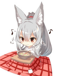 Rule 34 | 1girl, animal ear fluff, animal ears, blush, chibi, closed mouth, collarbone, commentary request, eighth note, food, fox ears, fox girl, fox tail, full body, grey hair, hair between eyes, hair rings, japanese clothes, kimono, kotatsu, long sleeves, musical note, original, patch, red eyes, sidelocks, simple background, solo, table, tail, wavy mouth, white background, white kimono, wide sleeves, yuuji (yukimimi)