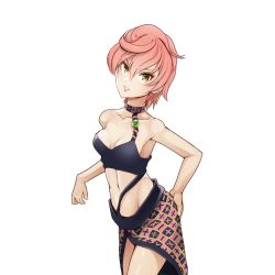 Rule 34 | 1girl, breasts, brown eyes, choker, cleavage, collarbone, groin, hair between eyes, hand on own ass, jojo no kimyou na bouken, kinpun (fgxdw447), looking at viewer, navel, pink hair, short hair, simple background, skirt, sleeveless, small breasts, solo, standing, trish una, vento aureo, white background