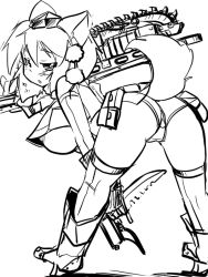 Rule 34 | 1girl, :o, alternate weapon, animal ears, areola slip, ass, bent over, blush, boots, breasts, cameltoe, chainsaw, detached sleeves, female focus, from behind, gears of war, geta, gloves, greyscale, gun, hat, hip focus, huge breasts, inubashiri momiji, knife, lancer (gears of war), looking at viewer, looking back, microskirt, monochrome, nipple slip, nipples, okiraku nikku, over shoulder, panties, pantyshot, rifle, short hair, simple background, sketch, skirt, solo, tail, thighhighs, thighs, tokin hat, touhou, underboob, underwear, upskirt, weapon, white background, wolf ears, wolf tail