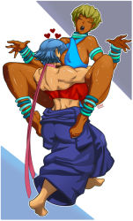 Rule 34 | 2girls, alternate color, alternate costume, anklet, armlet, back, baggy pants, bangle, barefoot, bearhug, between breasts, blue hair, bra, bracelet, breast smother, breasts, capcom, choker, closed eyes, clothes around waist, criss-cross halter, dark-skinned female, dark skin, dougi, elena (street fighter), face to breasts, green hair, halterneck, head between breasts, heart, huge breasts, interracial, jewelry, johnrokk, lifting person, makoto (street fighter), multiple girls, muscular, nail polish, neck ring, pants, player 2, red bra, ribbon choker, silver hair, sports bra, street fighter, street fighter iii (series), sweat, thick thighs, thighs, toe scrunch, toenail polish, toenails, toes, underwear, very dark skin, yuri